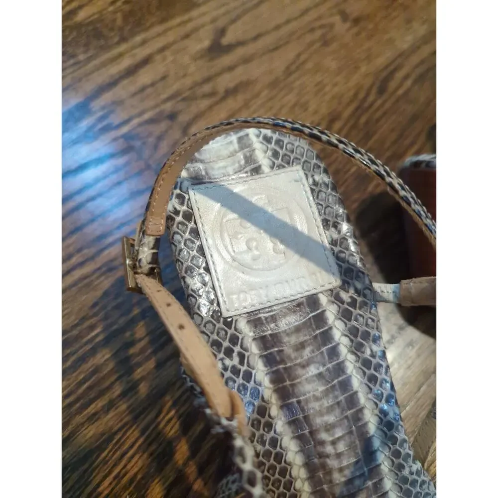 Tory Burch Snake Skin Flower Wedge Sandals